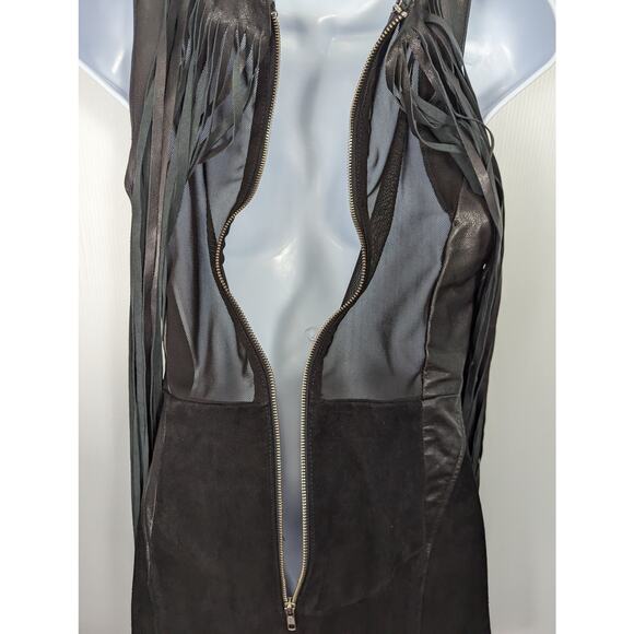 Nasty Gal Black Leather Suede Sleeveless Mini Dress Long Fringe Mesh Back Small - Picture 10 of 14